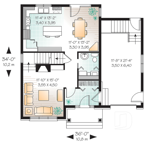 Rez-de-chaussée - Plan de maison de style Manoir, cuisine fonctionnelle, 3 chambres, garage, vestibule - Covington