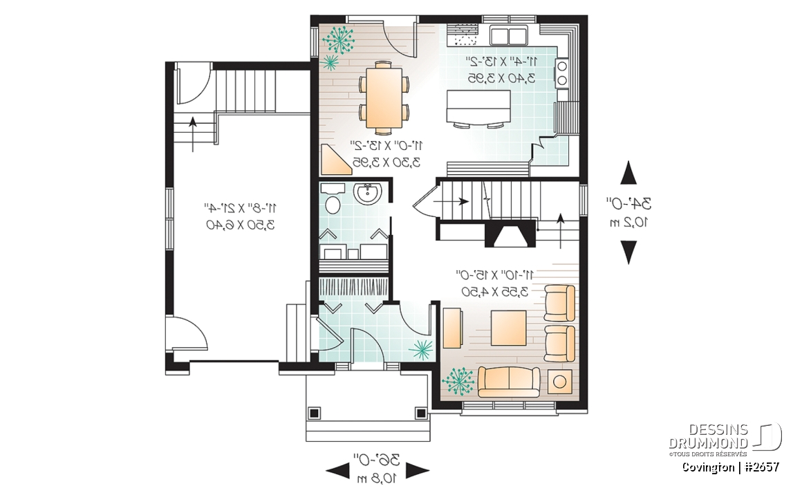 Rez-de-chaussée - Plan de maison de style Manoir, cuisine fonctionnelle, 3 chambres, garage, vestibule - Covington