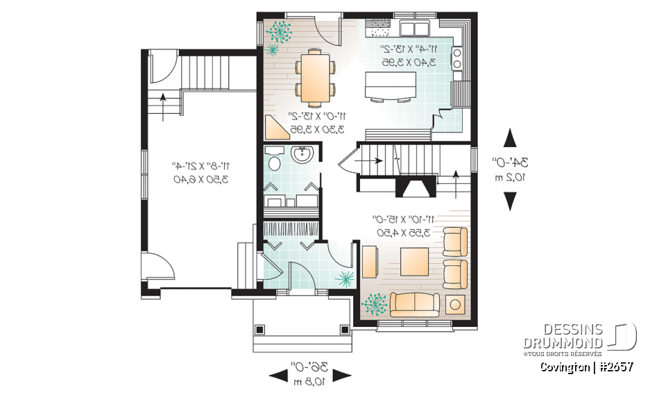 Rez-de-chaussée - Plan de maison de style Manoir, cuisine fonctionnelle, 3 chambres, garage, vestibule - Covington