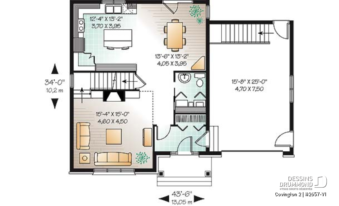 Rez-de-chaussée - Plan de manoir 3 chambres, garage, mezzanine, foyer, terrasse abritée - Covington 2