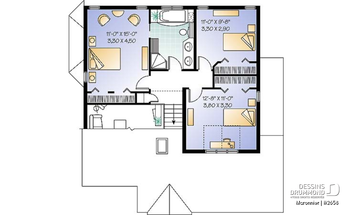 Étage - Plan de maison 3 chambres, espace ouvert, portes françaises à la salle à manger, garage - Maronnier
