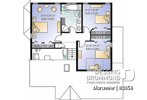 Étage - Plan de maison 3 chambres, espace ouvert, portes françaises à la salle à manger, garage - Maronnier