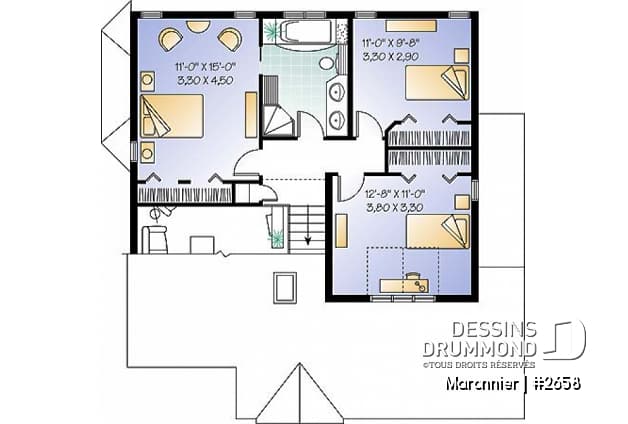 Étage - Plan de maison 3 chambres, espace ouvert, portes françaises à la salle à manger, garage - Maronnier