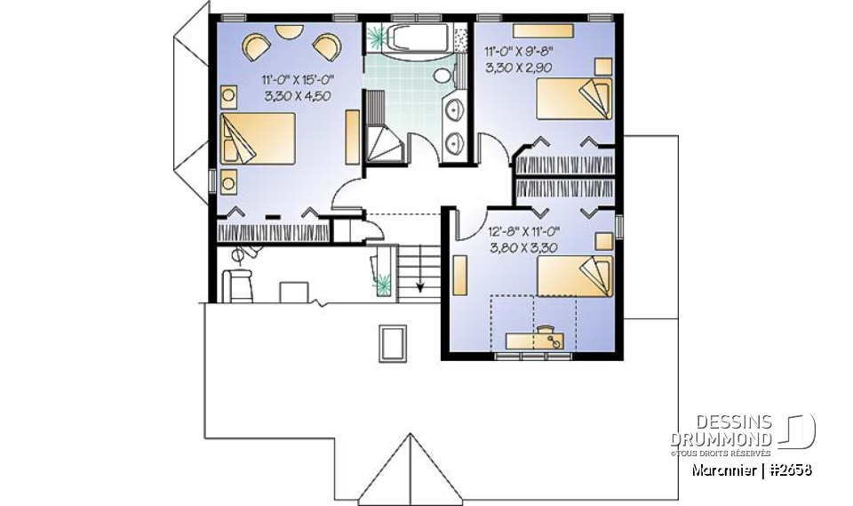 Étage - Plan de maison 3 chambres, espace ouvert, portes françaises à la salle à manger, garage - Maronnier