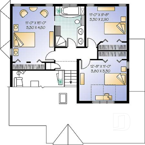 Étage - Plan de maison 3 chambres, espace ouvert, portes françaises à la salle à manger, garage - Maronnier