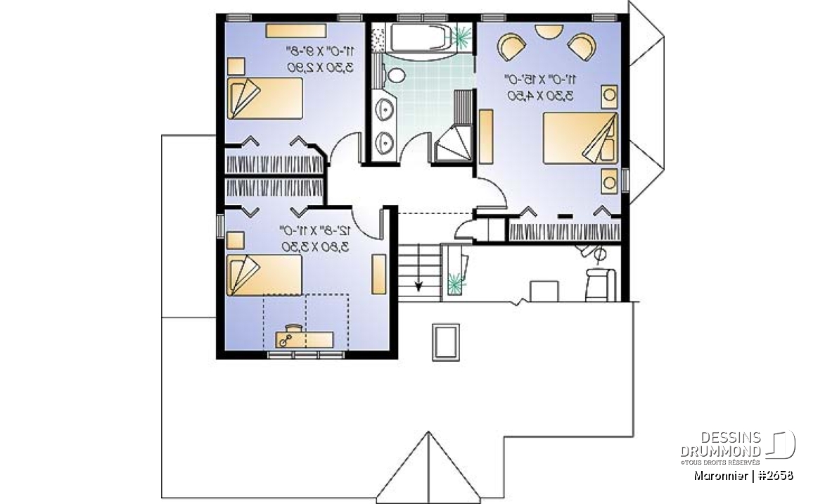 Étage - Plan de maison 3 chambres, espace ouvert, portes françaises à la salle à manger, garage - Maronnier
