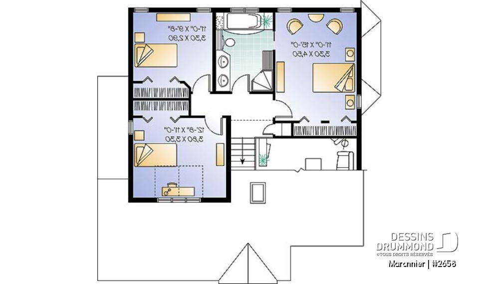 Étage - Plan de maison 3 chambres, espace ouvert, portes françaises à la salle à manger, garage - Maronnier