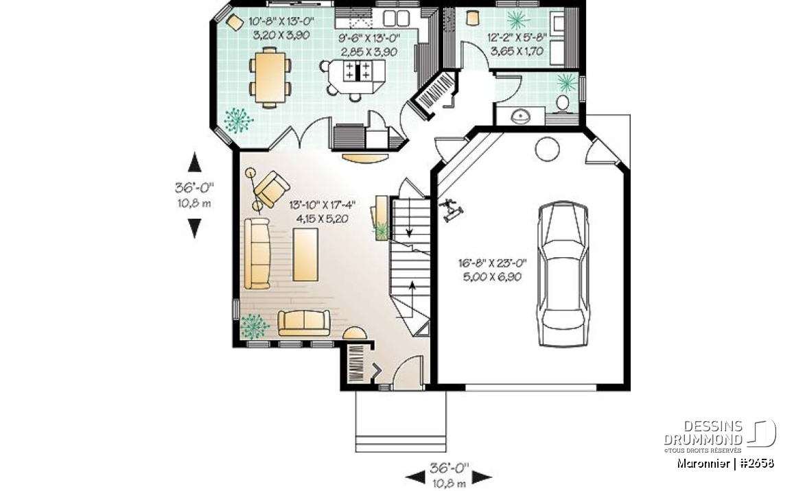Rez-de-chaussée - Plan de maison 3 chambres, espace ouvert, portes françaises à la salle à manger, garage - Maronnier