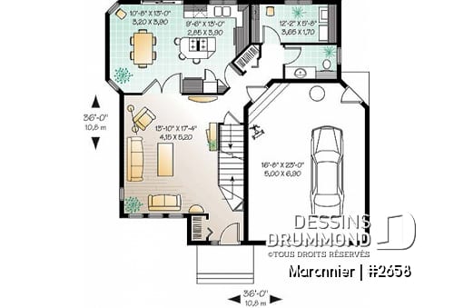 Rez-de-chaussée - Plan de maison 3 chambres, espace ouvert, portes françaises à la salle à manger, garage - Maronnier