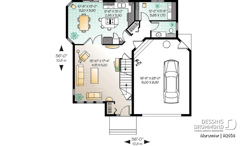 Rez-de-chaussée - Plan de maison 3 chambres, espace ouvert, portes françaises à la salle à manger, garage - Maronnier