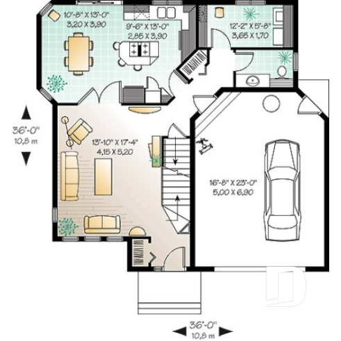 Rez-de-chaussée - Plan de maison 3 chambres, espace ouvert, portes françaises à la salle à manger, garage - Maronnier