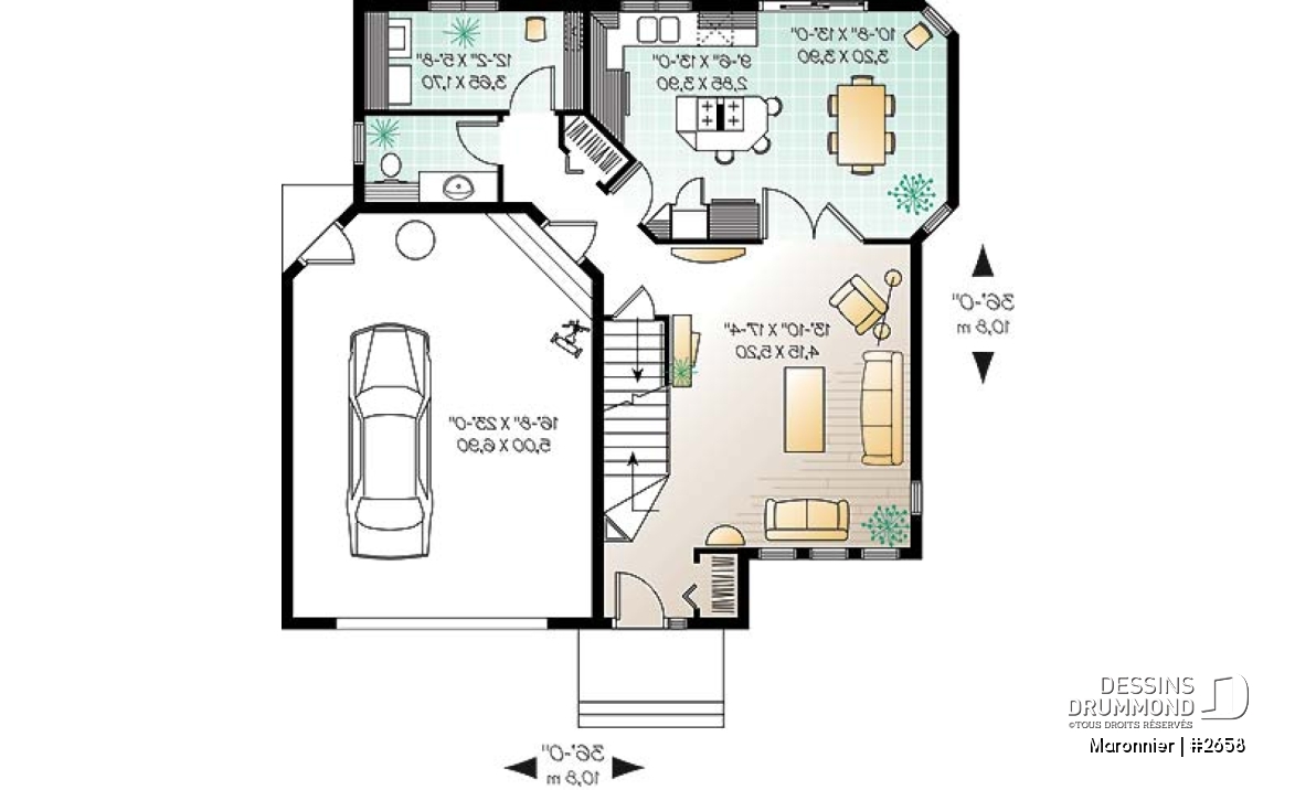 Rez-de-chaussée - Plan de maison 3 chambres, espace ouvert, portes françaises à la salle à manger, garage - Maronnier
