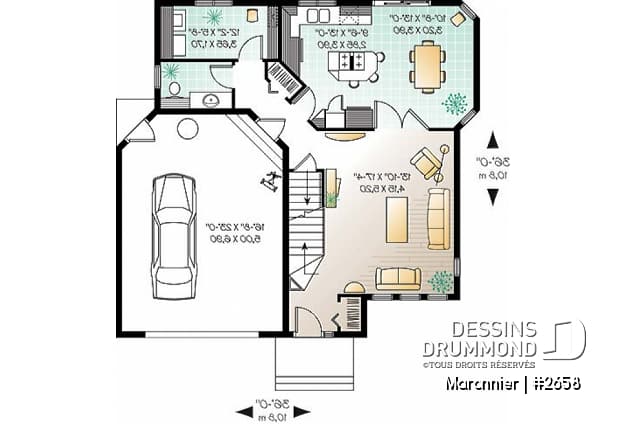 Rez-de-chaussée - Plan de maison 3 chambres, espace ouvert, portes françaises à la salle à manger, garage - Maronnier