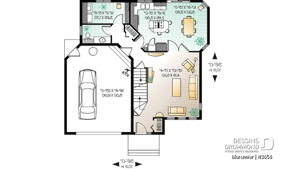 Rez-de-chaussée - Plan de maison 3 chambres, espace ouvert, portes françaises à la salle à manger, garage - Maronnier