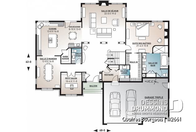 Rez-de-chaussée - Plan maison américaine, 3 à 4 chambre, 2 grands séjours, foyer, maîtres au r-d-c, vaste cuisine, garage triple - Quatres Bourgeois