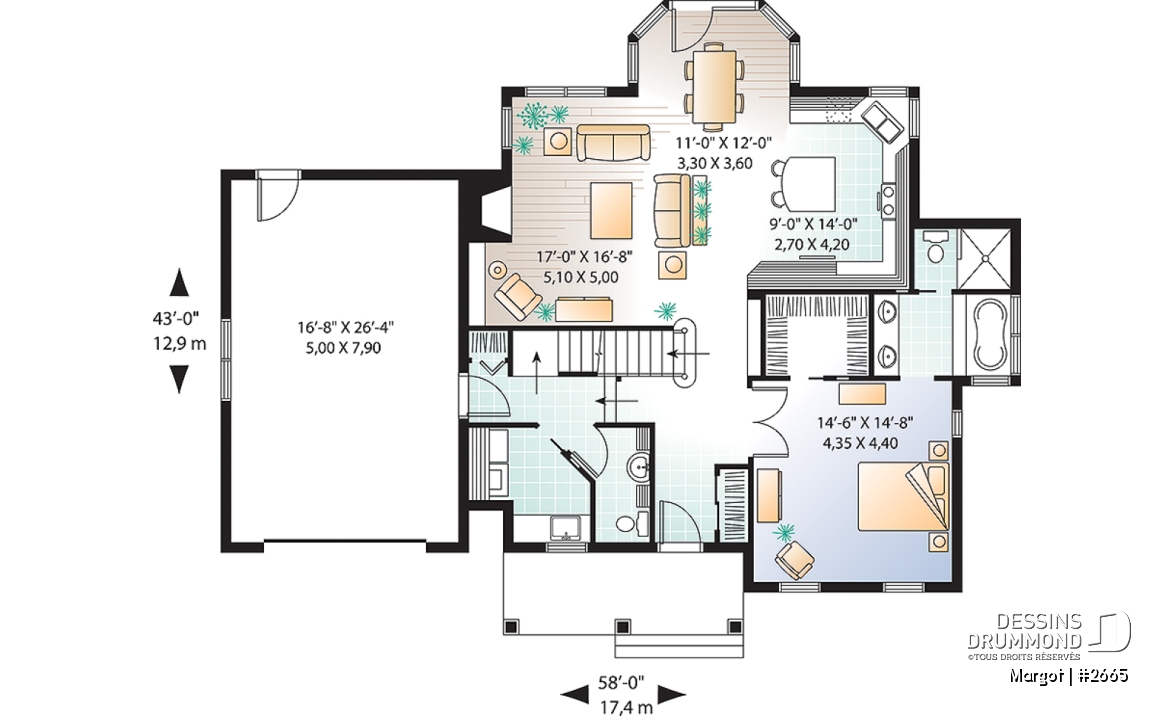 Rez-de-chaussée - Plan de maison à étage, 4 chambres dont les parents en bas, foyer, garage, 3.5 salles de bain - Margot