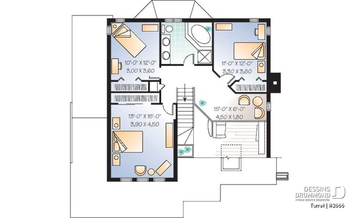 Étage - Plan de maison moderne 3 chambres, bureau, mezzanine, espace ouvert, îlot, garage - Turret