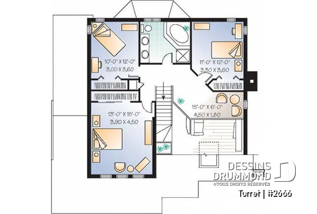 Étage - Plan de maison moderne 3 chambres, bureau, mezzanine, espace ouvert, îlot, garage - Turret