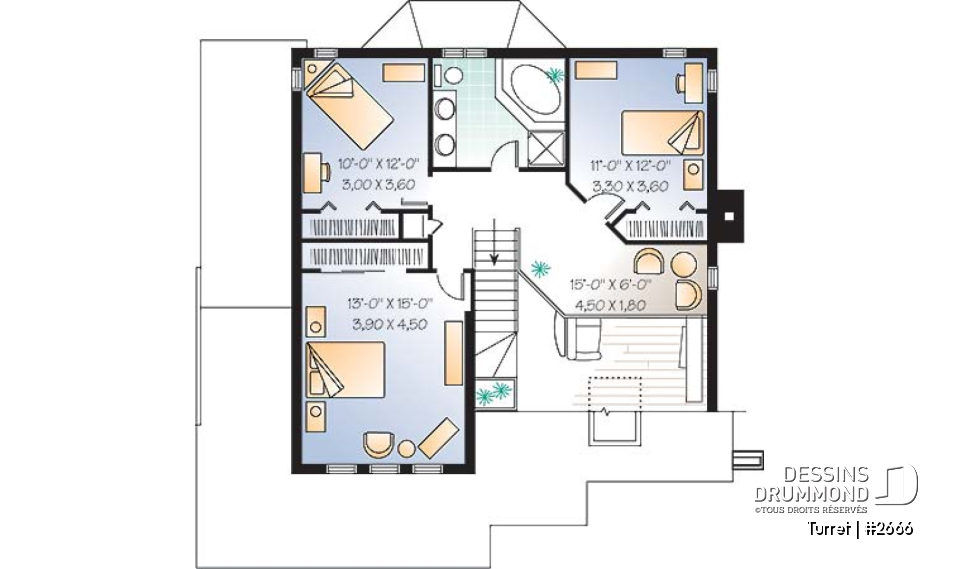 Étage - Plan de maison moderne 3 chambres, bureau, mezzanine, espace ouvert, îlot, garage - Turret