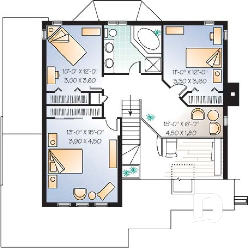 Étage - Plan de maison moderne 3 chambres, bureau, mezzanine, espace ouvert, îlot, garage - Turret