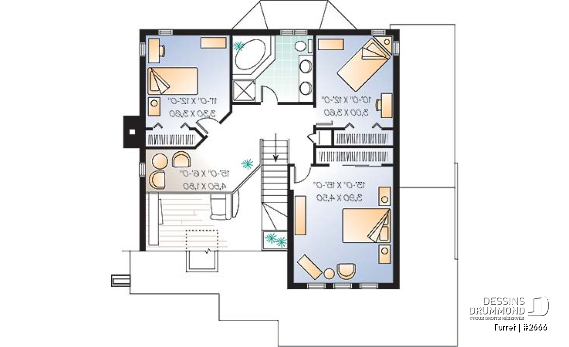 Étage - Plan de maison moderne 3 chambres, bureau, mezzanine, espace ouvert, îlot, garage - Turret
