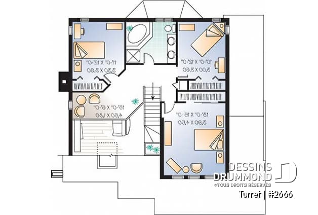 Étage - Plan de maison moderne 3 chambres, bureau, mezzanine, espace ouvert, îlot, garage - Turret