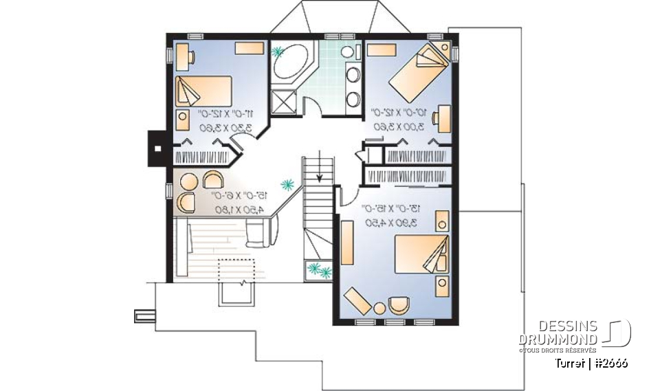 Étage - Plan de maison moderne 3 chambres, bureau, mezzanine, espace ouvert, îlot, garage - Turret
