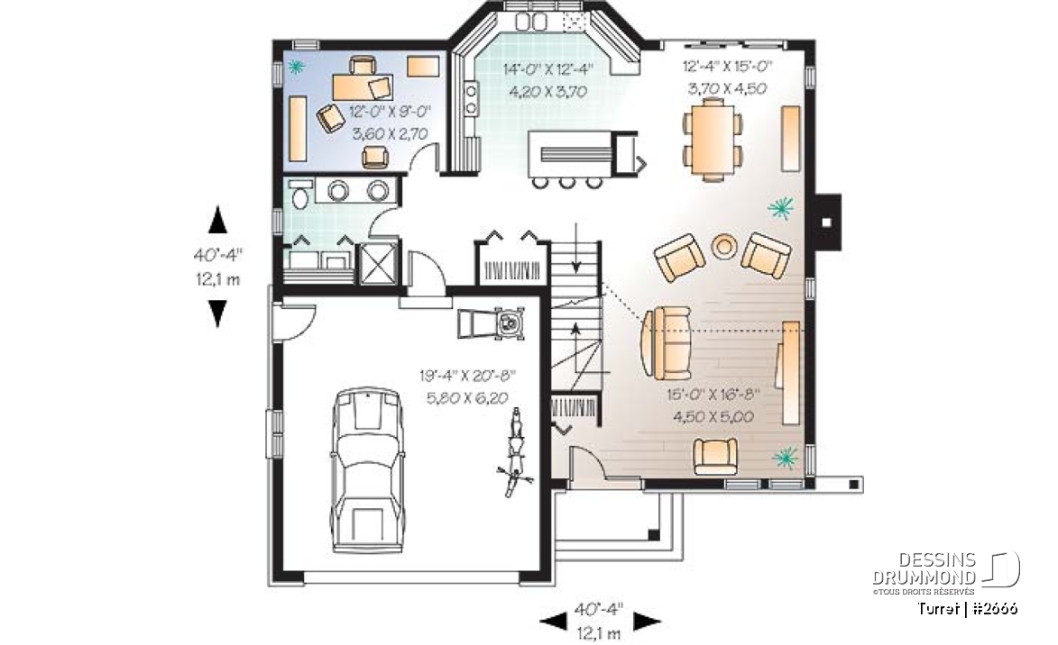 Rez-de-chaussée - Plan de maison moderne 3 chambres, bureau, mezzanine, espace ouvert, îlot, garage - Turret