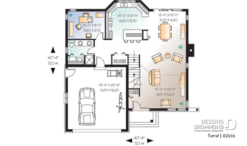 Rez-de-chaussée - Plan de maison moderne 3 chambres, bureau, mezzanine, espace ouvert, îlot, garage - Turret