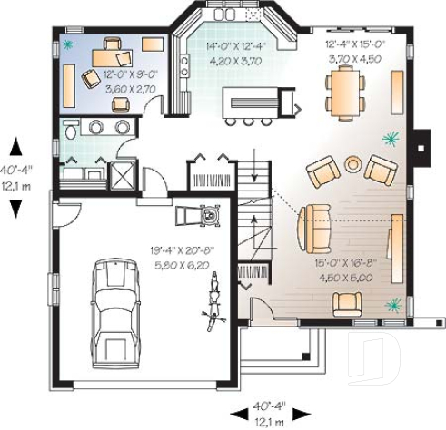 Rez-de-chaussée - Plan de maison moderne 3 chambres, bureau, mezzanine, espace ouvert, îlot, garage - Turret