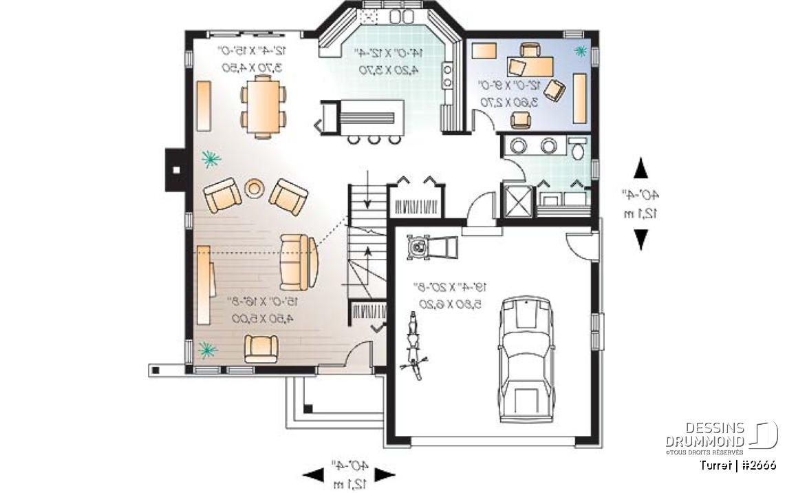 Rez-de-chaussée - Plan de maison moderne 3 chambres, bureau, mezzanine, espace ouvert, îlot, garage - Turret