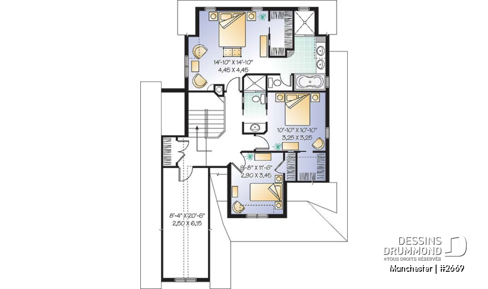 Étage - Plan de maison de style Tudor, 3 chambres, buanderie, espace dînette, grand balcon couvert arrière - Manchester