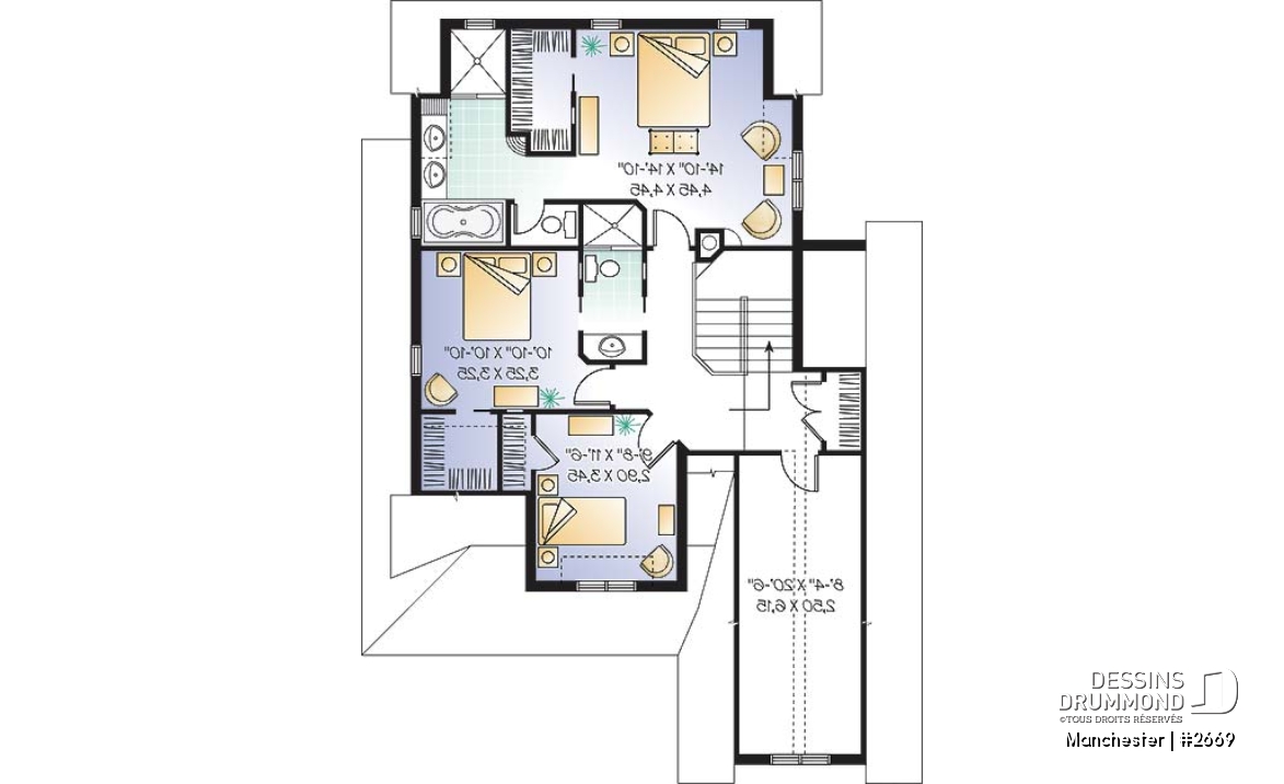 Étage - Plan de maison de style Tudor, 3 chambres, buanderie, espace dînette, grand balcon couvert arrière - Manchester