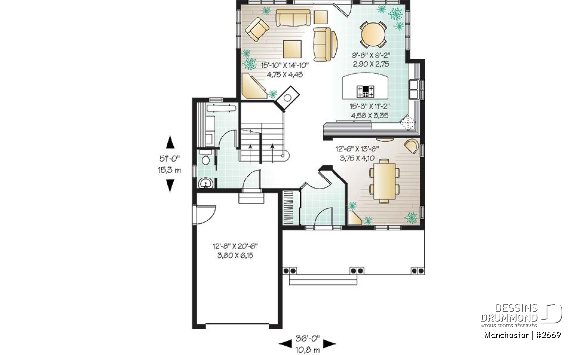 Rez-de-chaussée - Plan de maison de style Tudor, 3 chambres, buanderie, espace dînette, grand balcon couvert arrière - Manchester