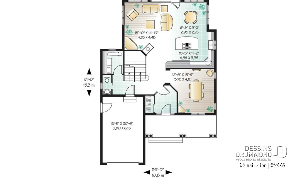 Rez-de-chaussée - Plan de maison de style Tudor, 3 chambres, buanderie, espace dînette, grand balcon couvert arrière - Manchester