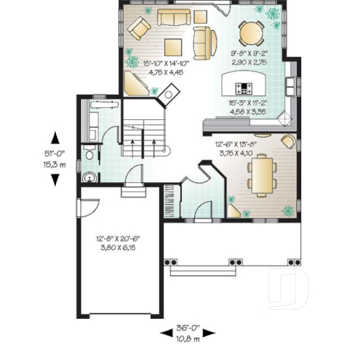 Rez-de-chaussée - Plan de maison de style Tudor, 3 chambres, buanderie, espace dînette, grand balcon couvert arrière - Manchester