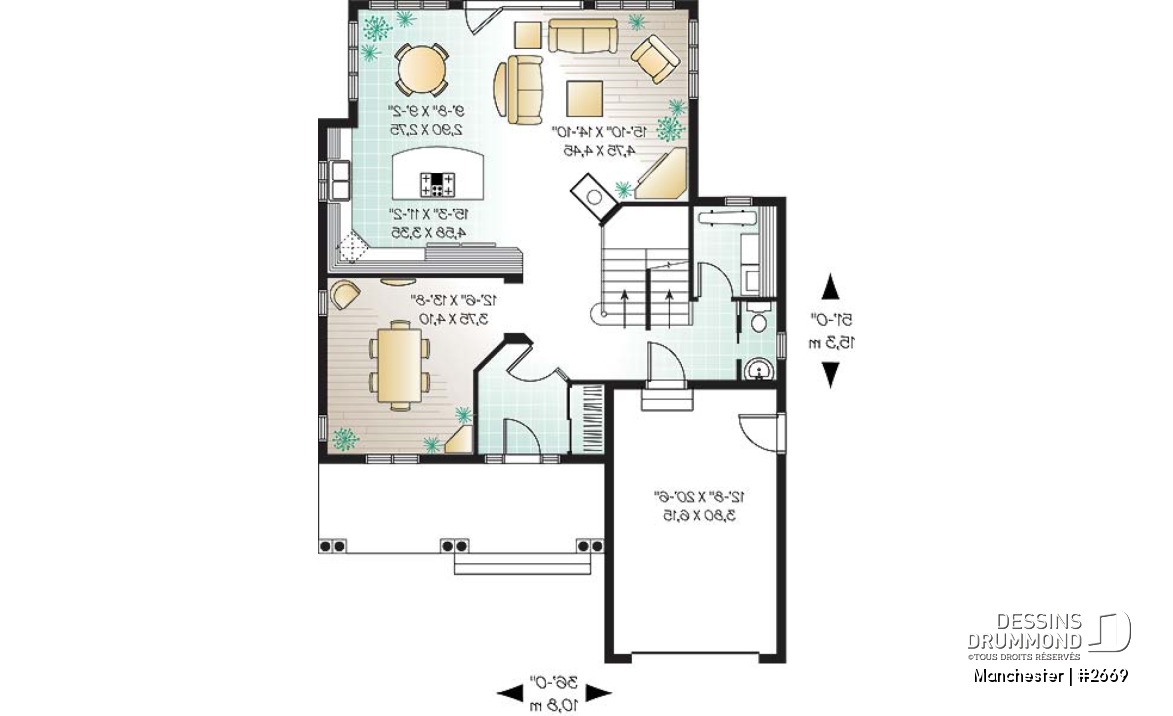 Rez-de-chaussée - Plan de maison de style Tudor, 3 chambres, buanderie, espace dînette, grand balcon couvert arrière - Manchester