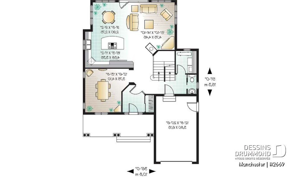 Rez-de-chaussée - Plan de maison de style Tudor, 3 chambres, buanderie, espace dînette, grand balcon couvert arrière - Manchester