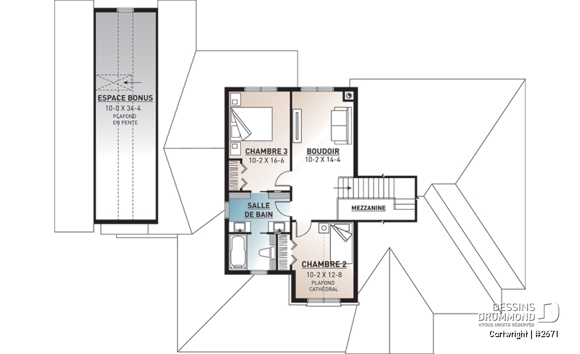 Étage - Plan de maison champêtre, 3 à 4 chambres, superbe salon avec foyer, garage latéral triple, terrasse abritée - Cartwright