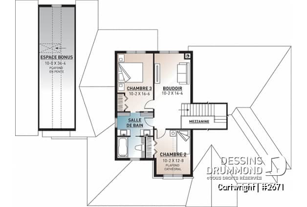 Étage - Plan de maison champêtre, 3 à 4 chambres, superbe salon avec foyer, garage latéral triple, terrasse abritée - Cartwright