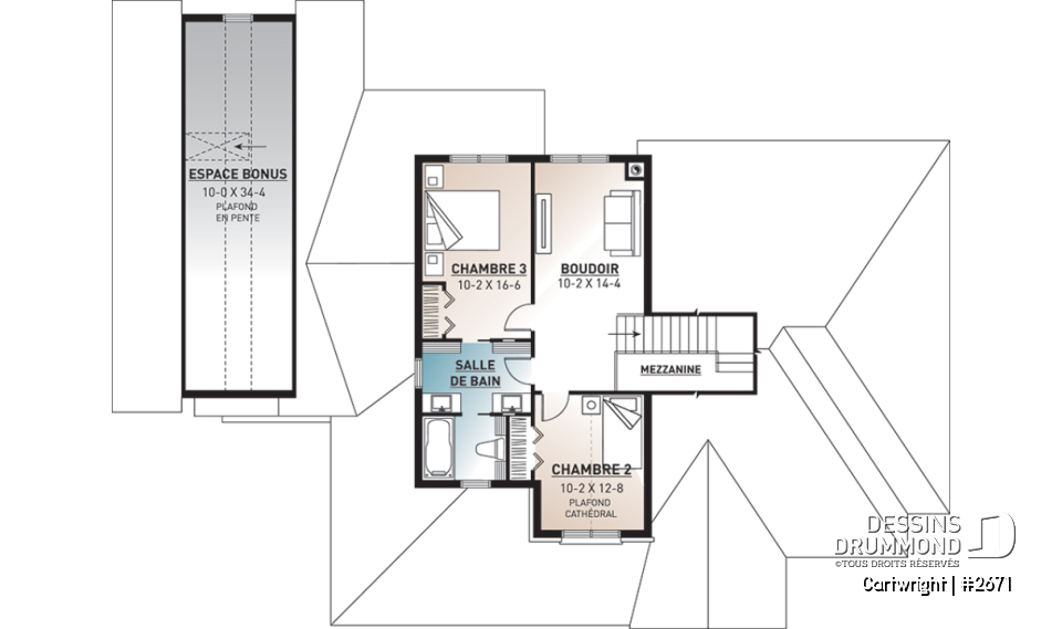Étage - Plan de maison champêtre, 3 à 4 chambres, superbe salon avec foyer, garage latéral triple, terrasse abritée - Cartwright