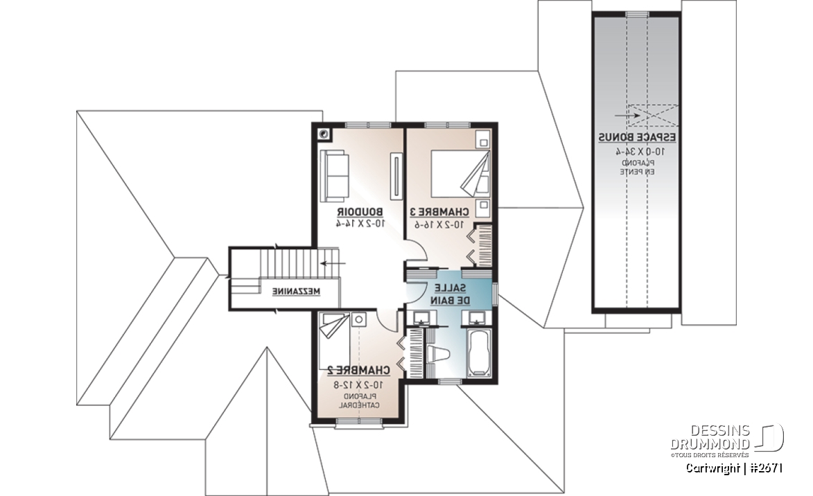 Étage - Plan de maison champêtre, 3 à 4 chambres, superbe salon avec foyer, garage latéral triple, terrasse abritée - Cartwright
