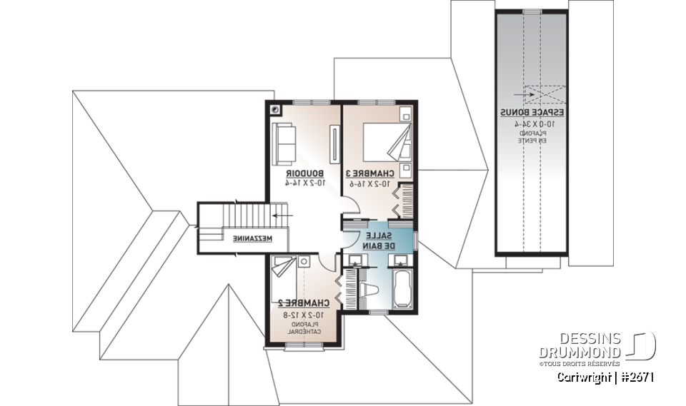 Étage - Plan de maison champêtre, 3 à 4 chambres, superbe salon avec foyer, garage latéral triple, terrasse abritée - Cartwright