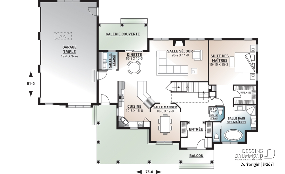 Rez-de-chaussée - Plan de maison champêtre, 3 à 4 chambres, superbe salon avec foyer, garage latéral triple, terrasse abritée - Cartwright