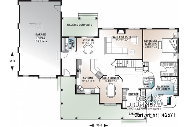 Rez-de-chaussée - Plan de maison champêtre, 3 à 4 chambres, superbe salon avec foyer, garage latéral triple, terrasse abritée - Cartwright