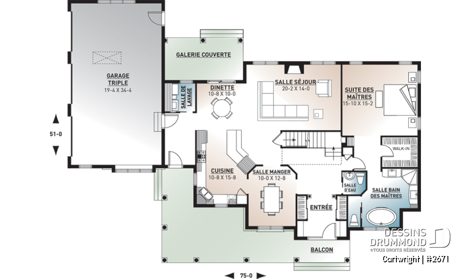 Rez-de-chaussée - Plan de maison champêtre, 3 à 4 chambres, superbe salon avec foyer, garage latéral triple, terrasse abritée - Cartwright