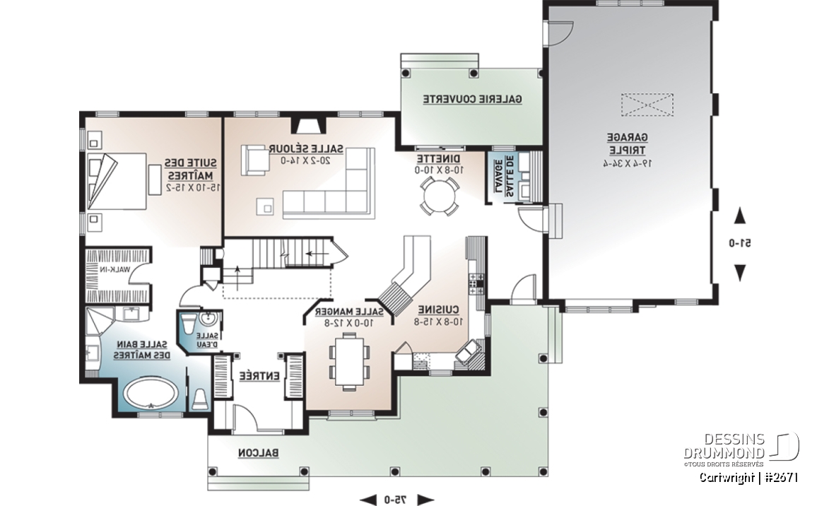 Rez-de-chaussée - Plan de maison champêtre, 3 à 4 chambres, superbe salon avec foyer, garage latéral triple, terrasse abritée - Cartwright