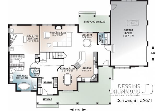 Rez-de-chaussée - Plan de maison champêtre, 3 à 4 chambres, superbe salon avec foyer, garage latéral triple, terrasse abritée - Cartwright