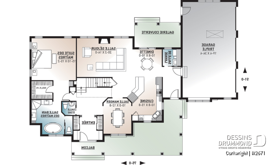 Rez-de-chaussée - Plan de maison champêtre, 3 à 4 chambres, superbe salon avec foyer, garage latéral triple, terrasse abritée - Cartwright