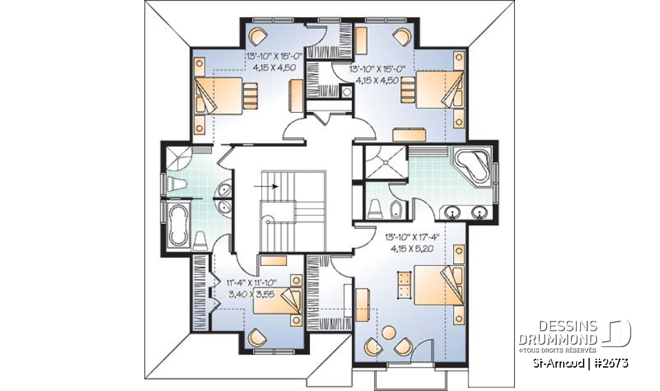 Étage - Plan de maison classique, 4 chambres, 3.5 salle de bain, foyer central, buanderie au rdc, superbe lumière - St-Arnaud